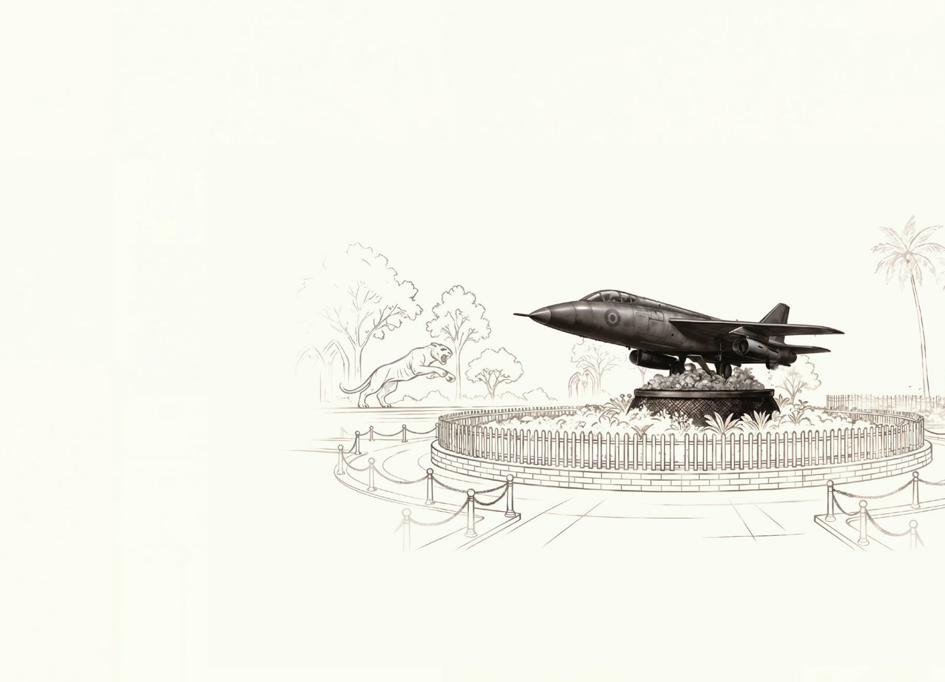Sketch of a fighter-jet monument on a circular plinth with trees and a tiger sculpture