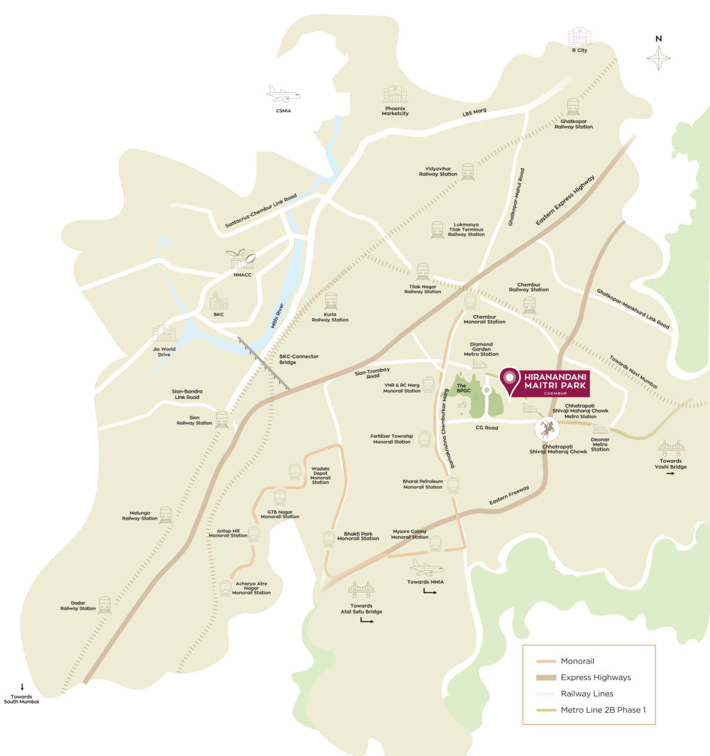 Location map of Chembur showing Hiranandani Maitri Park with nearby railway, monorail and metro stations, highways and landmarks