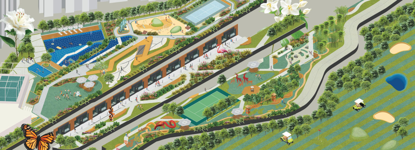 Illustrated aerial masterplan with pools, lawns, courts, walkways and landscaped gardens