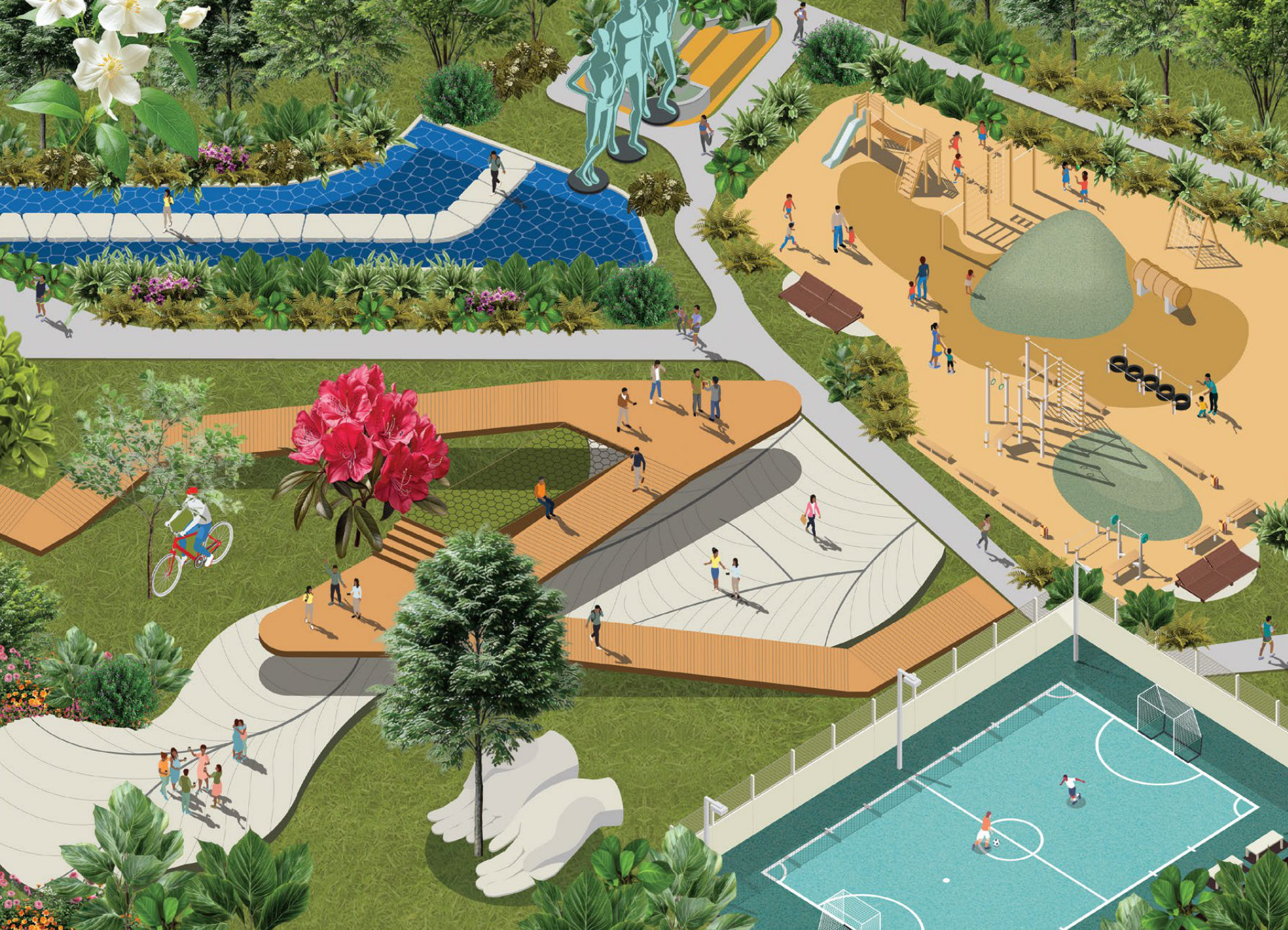 Illustrated aerial view of the Maitri Zone with pool, amphitheatre, play area and football court